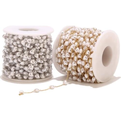 6MM width Heart Acrylic Imitated Pearl Spacer Beaded stainless steel link Chain Bulk for DIY jewelry crafts making