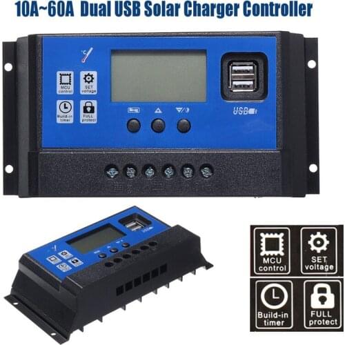60A/50A/40A/30A/20A/10A 12V 24V Auto Solar Charge Controller PWM LCD Dual USB Solar Cell Panel Regulator PV Home 5V Output