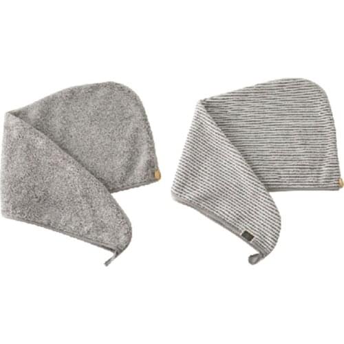 Bamboo Microfiber Hair Towel Wrap Gray Striped Quick Drying Shower Turban Cap with Button Super Absorbent Anti-Frizz Bath Hat fo