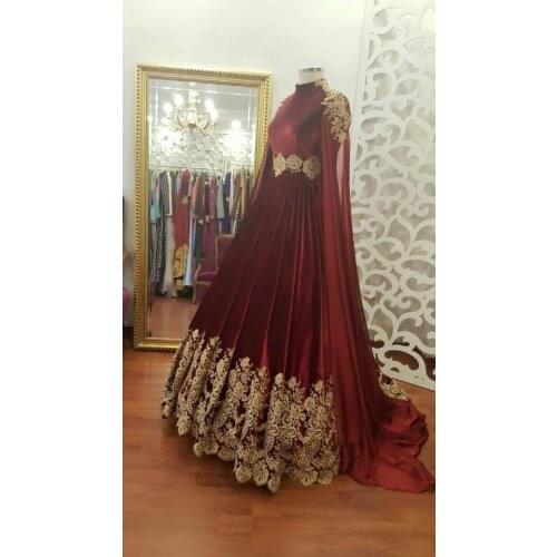 Velvet Gold Appliques Muslim Prom Dress with Cape High Neck A Line Saudi Arabic Evening Formal Party Ball Gowns платье 2021