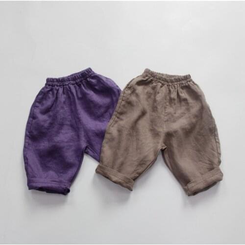 New Summer Unisex Kids Cotton Linen Calf-length Pants Korean Style Loose Solid Color Children Trousers