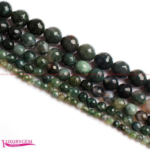 High Quality 4,6,8,10,12mm Natural Color Moss Agates Stone Faceted Round Shape Gems Loose Beads Strand 15" Jewelry Making wj368