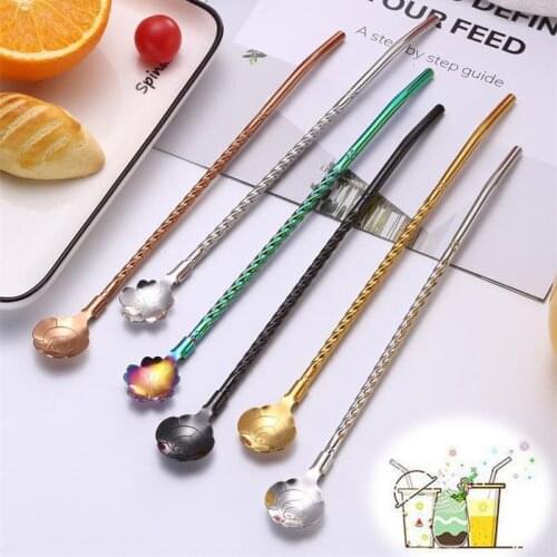 Long Twisted Straw Spoon Portable Gold Tea Scoop Reusable Stainless Steel Straw Yerba Mate Straw Filter Stirring Spoon