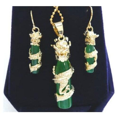 Emerald Green Jade Yellow Gold Plated Dragon Pendant Earrings Chain Necklace Set