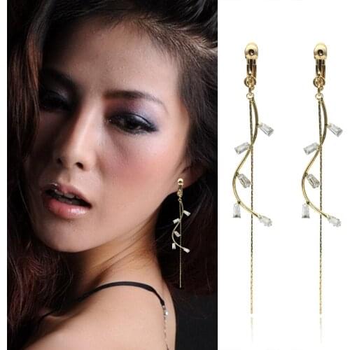 Clip on Earrings Without Pierceds Women Fashion Style Super Fairy Earrings Crystal Long Tassel Temperament Earrings