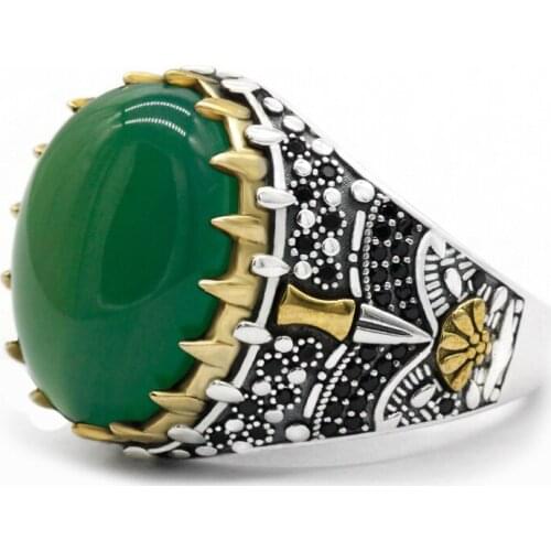 High Quality Brass 925 Sterling Silver Ring For Men Women Fashion Vintage Green Agate Stone Luxury Party Jewelry Rings Female