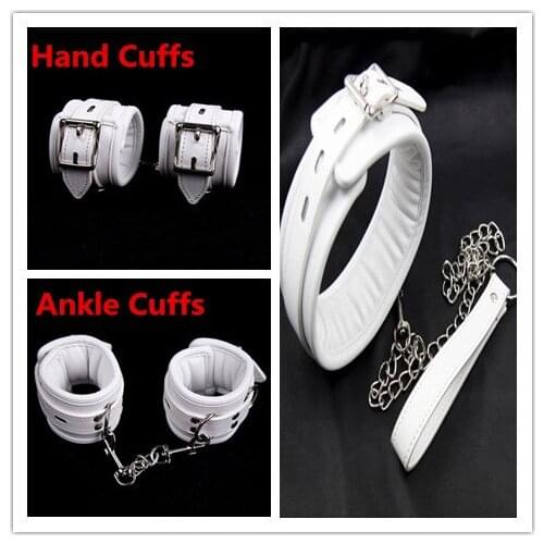 White PU Leather Sponge Padded Bondage Kit Hands Cuffs / Ankle Cuffs / Neck Collar With Leash BDSM Bondage Retraint Set Sex Toys