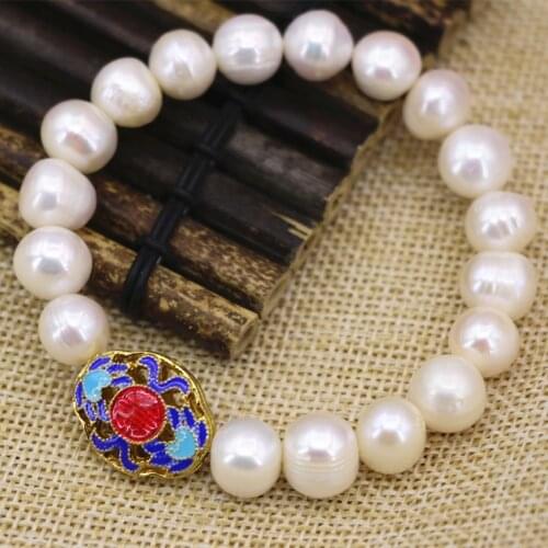 Natural white freshwater cultured pearl beads 10-11mm strand bracelet women gold-color cloisonne spacer jewelry 7.5inch B3082