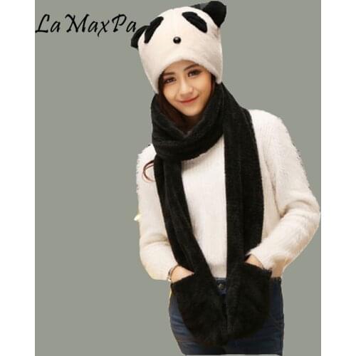 LaMaxPa New Winter Top Design Cartoon Panda Hat Scarf Warm Animal Cap Hat with Scarf Femme Cute Panda Echarpe Mujer Panda Chal
