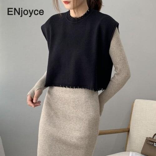 Autumn Fashion Cut edge Style Knitted Vest Sleeveless O-Neck Sweater Women Loose Oversized Tops Vintage Female Pullovers