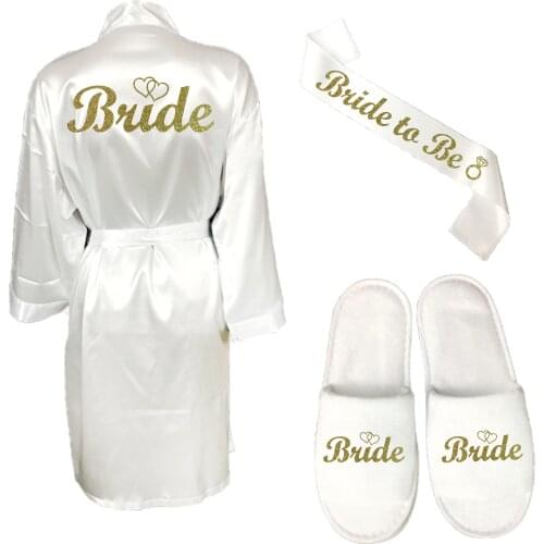 PARARTDIY 3pc set of glitter gold bride satin short bride robe slippers bridal sash peignoir women Bridal Party 2019 kimono robe