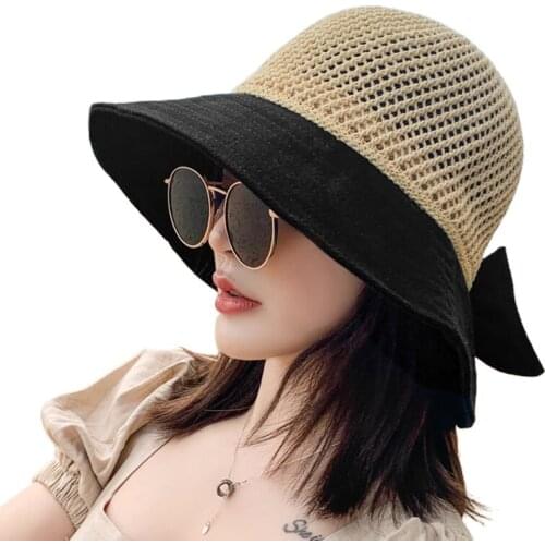 Womens Summer Mesh Top Sun Visor Beach Hat Split Floppy Wide Brim Sweet Bowknot Holiday Outdoor Sunscreen Bucket Cap