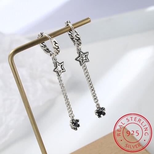 Top Quality Vintage Long Tassel Star Hoop Earring for Girlfriend Jewelry 925 Silver Black Zirconia Earring Women Party Accessory