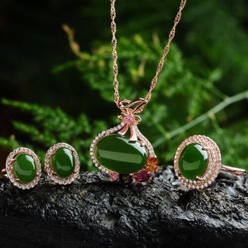 High-grade silver inlaid natural jade and jade pendant set ring earrings three piece Party Jewelry