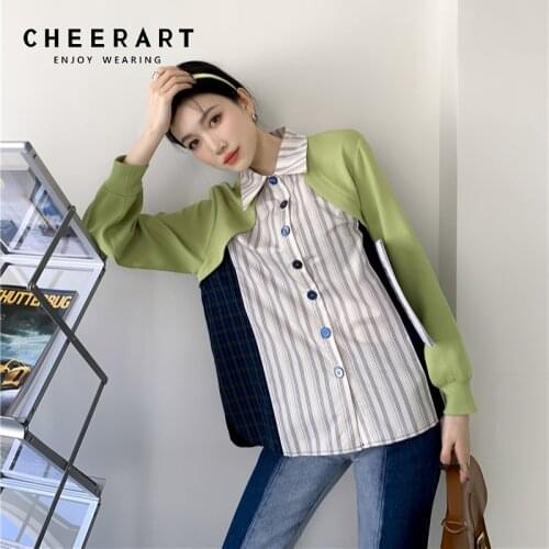 CHEERART Green Patchwork Striped Shirt For Women Long Sleeve Top Button Up Collared Shirt Designer Korean Fashion 2021 Spring