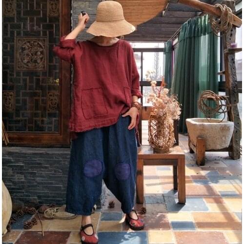 Women Loose Denim Linen Patchwork Calf Length Pants Lades Spliced Elastic Waist Harem Pants Female Loose Trousers