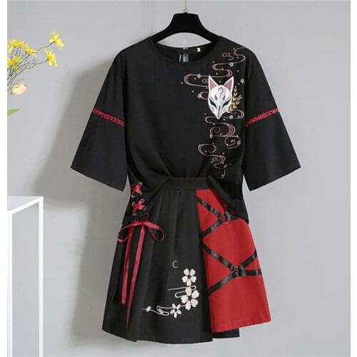 Japanese Harajuku Anime Fox Cosplay Costume Suit Adult Summer Womens Clothing Red Ribbon Girl Lolita T-shirt Short Skirt Set