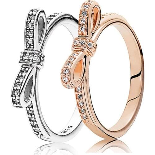 Leuxry 925 Sterling Silver Sparkling Bow Knot Stackable Rings Cubic Zirconia for Women Valentines Day Gift Fine Jewelry