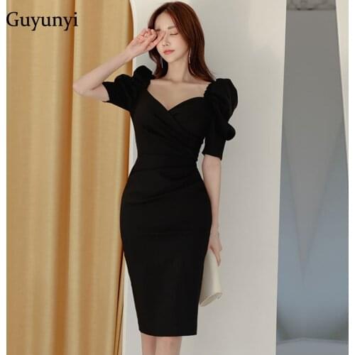 Black Pencil Office Lady Dress 2021 Spring Korean Version Simple V-Neck Puff Sleeve High Waist Tight Elegant Party Dress Women
