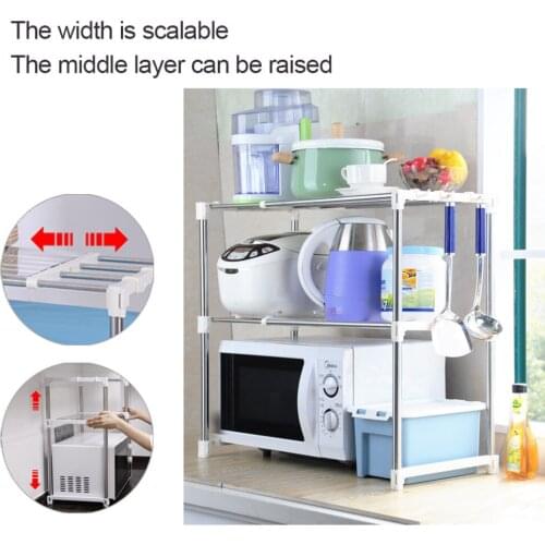 2-Tier Kitchen Microwave Oven Rack Storage Shelf Stand Expandable Length with 2-Piece 25 x 35cm Transparent Shelf Liner DQ0826