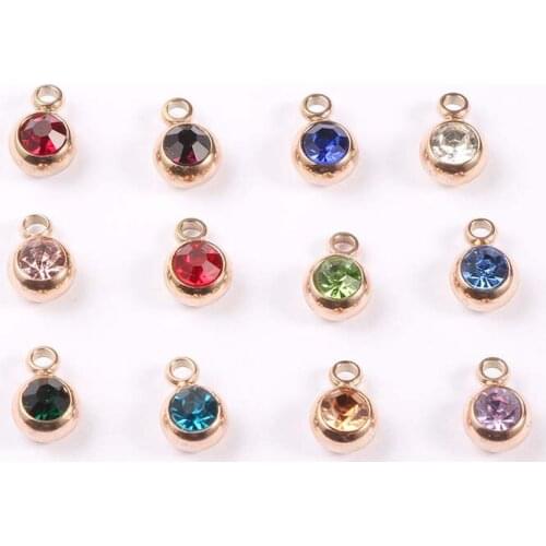 Jaymaxi Rose Gold Color 12 Birthstone Charms Round 6mm Rhinestones Stainless Steel DIY Jewelry Making 50piece/lot