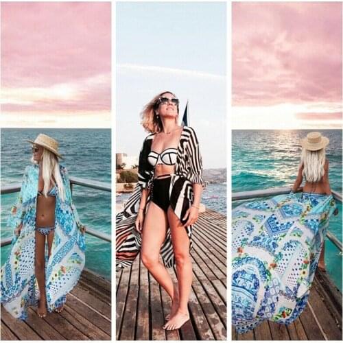 Summer Women Beach Cardigan Bikini Cover Up Fashion Women Printing Chiffon Swimsuit Cover-Ups Sarong Outfit Long Dress