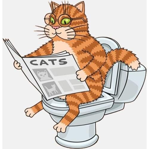 Personality Car Sticker PVC Cat on The Toilet Wearing Glasses Reading A Newspaper Waterproof Cover Scratch 14CM*15CM