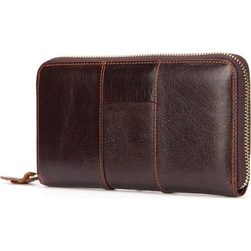 Hot sale leather wallet mens stitching long wallet oil wax cowhide zipper top layer leather bag