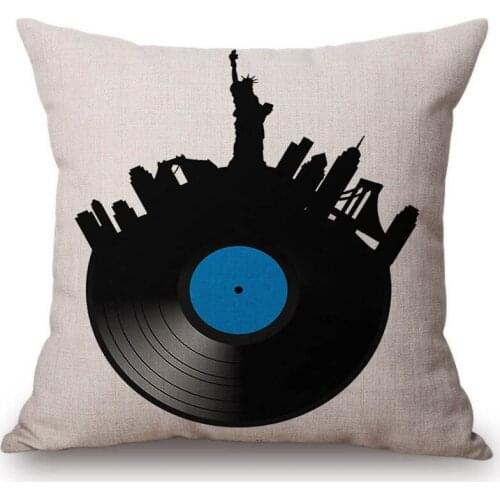 LP Music Disc With City Landmark Design Square Chair Pillow Cover Cotton Linen Nordic New York Amsterdam Berlin Cushion Cover