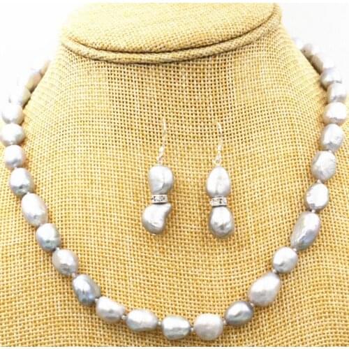 New hot New 8-9MM SILVER GRAY REAL BAROQUE CULTURED PEARL NECKLACE + Earrings