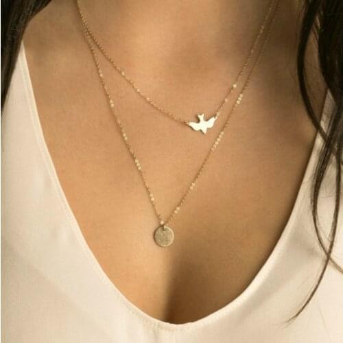 New Fashion Double Gold Fine Gold Bird Necklace / Pigeon Necklace Sequins Womens Long Pendant Necklace Jewelry Layered Necklace