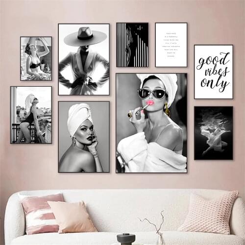 Black And White Posters Fashion Sexy Woman Canvas Print Pink Lips Female Wall Art Poster Painting Modern Pictures Bedroom Decor