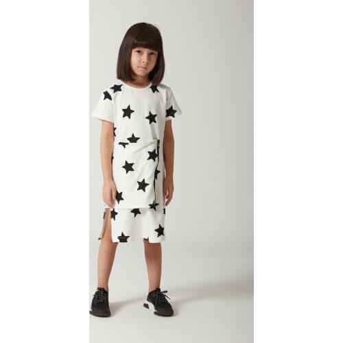 Female Child Black White Dress Long Cotton Midi Printed Woven Trend Cycling Neck