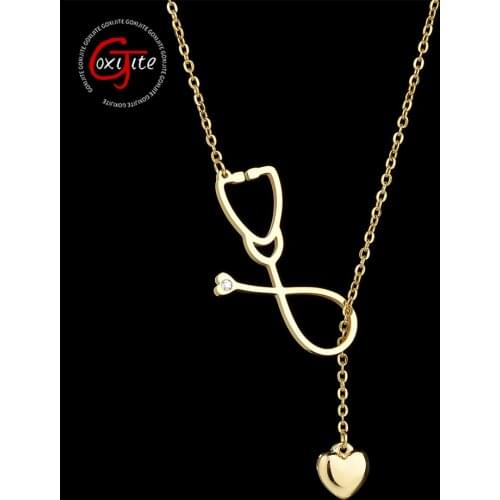 Goxijite Love Stethoscope Pendant Necklace For Elegant Women Stainless Steel Stone in Heart Charming Necklaces Jewelry Gift