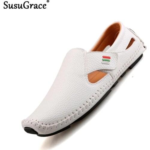Susugrace fashion sandals for men leather casual loafers flat hook & loop light Moccasins white breathable daily drive shoes