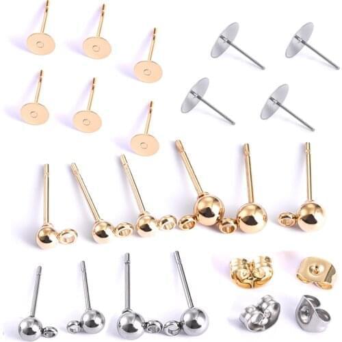 Stainless Steel Gold Stud Earrings Back Plug Ear Pins Ball Needles Earings Hook For DIY Jewelry Making Findings Dia 4/5/6/8/10mm