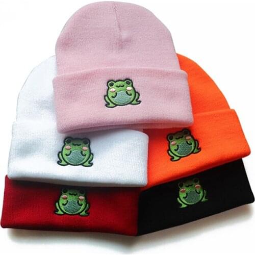 2021 Cute Frog Hat Winter Warm Black White Pink Knitted Hat Embroidered Froggy Beanies For Men Women Fashion Hip Hop Caps
