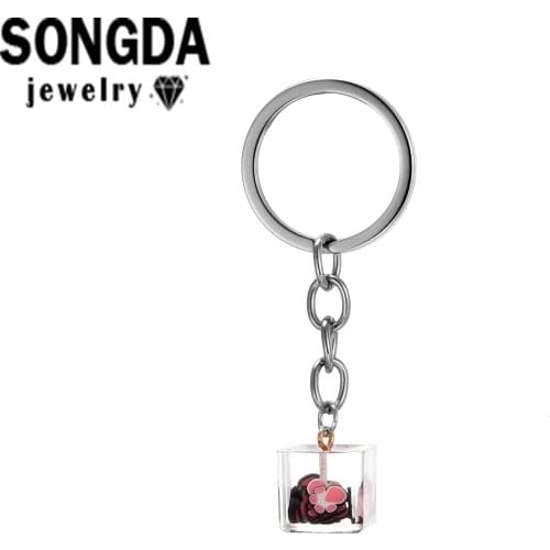 SONGDA Summer Colorful Fruit Candy Series Keychain Square Transparent Glass Surface Small Fresh Print Girl Backpack Pendant Gift