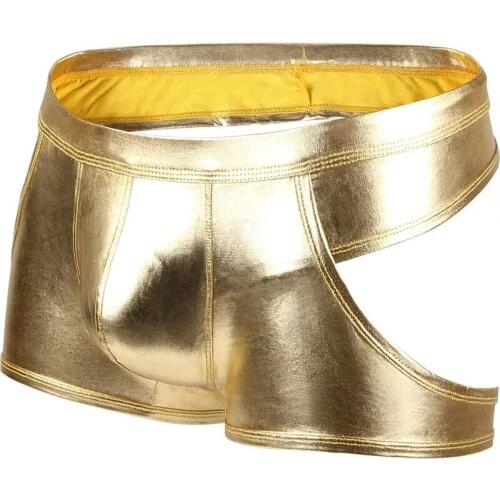 Mens Fashion Underwear Imitation Leather Mens Boxer Shorts Low Waist Sexy Patent Leather Panties Hollow Stage Exotic