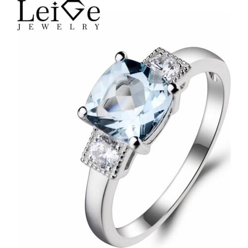 Leige Jewelry Cushion Cut Real Natural Aquamarine Ring Anniversary Ring Blue Gemstone 925 Sterling Silver March Birthstone Gifts