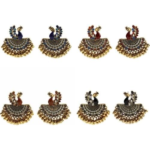 Vintage Gold Jhumka Style Metal Beaded Enamel Bird Peacock Earrings for Women Fashion Indian Ethnic Bollywood Jewelry Wholesale