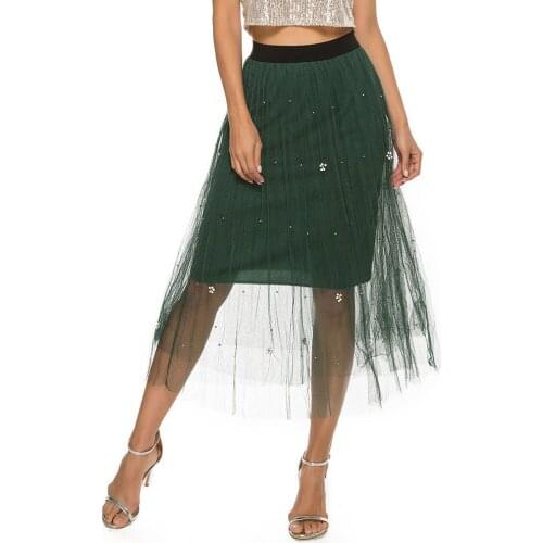 Summer Skirts Womens A-line Mesh Solid Color High Waist Skirts Slim Long Pleated Skirt Casual Robes Faldas Mujer Moda TJR1748