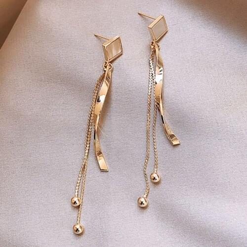 Yaologe Tassel Chain Beads Golden Earrings Elegant Rhombus Charming Long Stud Earrings For Women Banquet Wedding Jewellery
