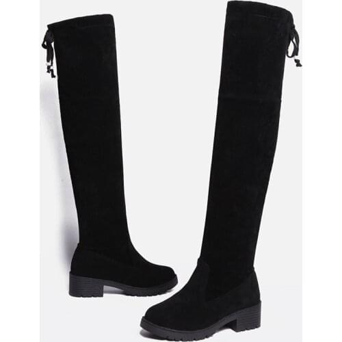 2021 Spring Autumn Elastic boots round toe long-tube womens boots Woman Winter Boots Black Flock Square Mid Heels