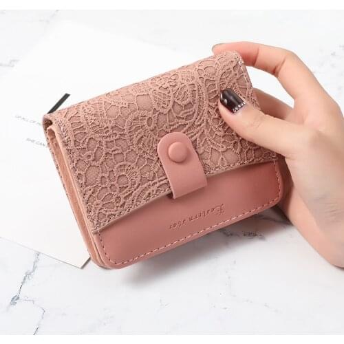 Flowers Lace Wallet for Ladies Short Zipper Two-fold Money Pockets Small WOmen Card Holder with Soft Leather carteras para mujer