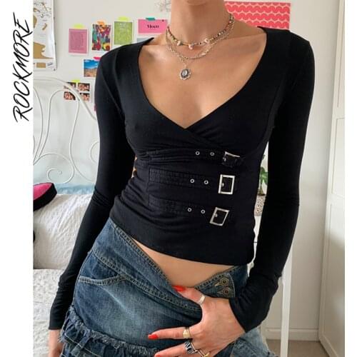Rockmore Gothic V Neck Crop Top Women Punk Long Sleeve T Shirt Autumn Y2K Dark Academic Metal Button Casual Sexy Basic Tee 2021