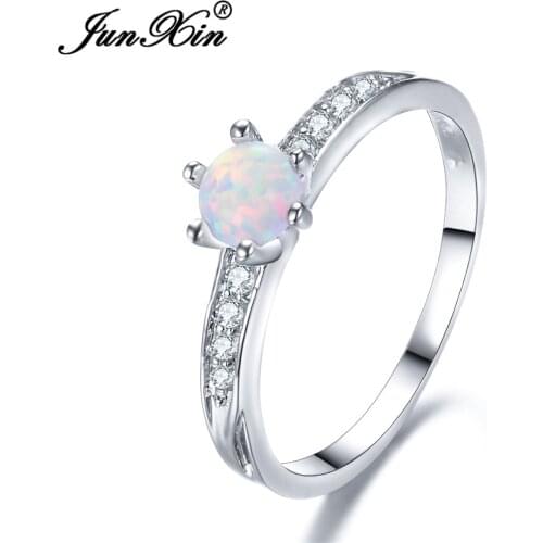 JUNXIN Female Elegnet Zircon Ring White/Blue Fire Opal Rings For Women Fashion Wedding Party Jewelry Valentines Day Gift