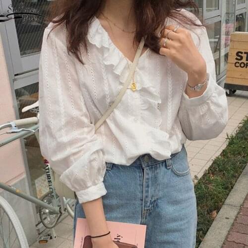 2021 Casual Loose Cardigan Women Blouse New Autumn Cotton Puff Sleeve Plus Size Women Shirts Long Sleeve V Neck White Tops 8561