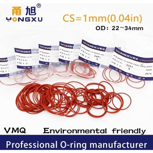 10PCS/lot Red Silicon O-ring Silicone/VMQ CS1mm OD22/23/24/25/26/27/28/30/34*1mm ORing Seal Rubber Gasket Ring Strip Washer