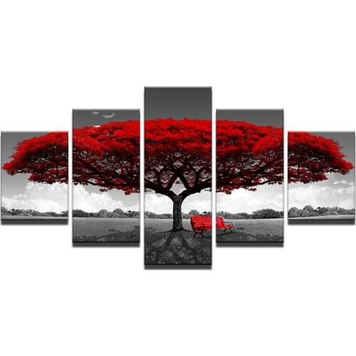 Home Decor HD Printed Wall Art Pictures 5 Piece Red Tree Art Scenery Landscape Canvas Painting Home Decor For Living Room